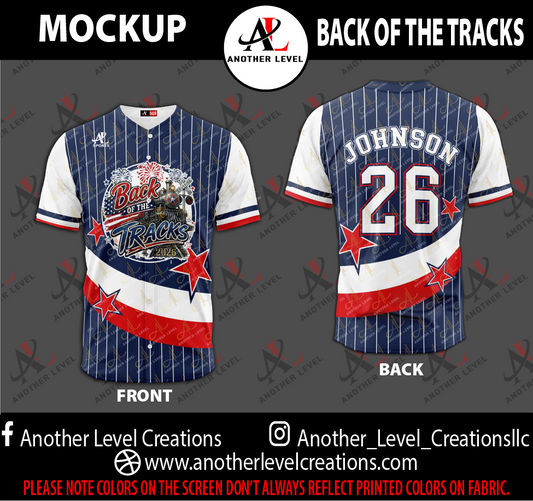 Button Up Baseball Jersey - Back of The Tracks (Order deadline Saturday, June 13th)